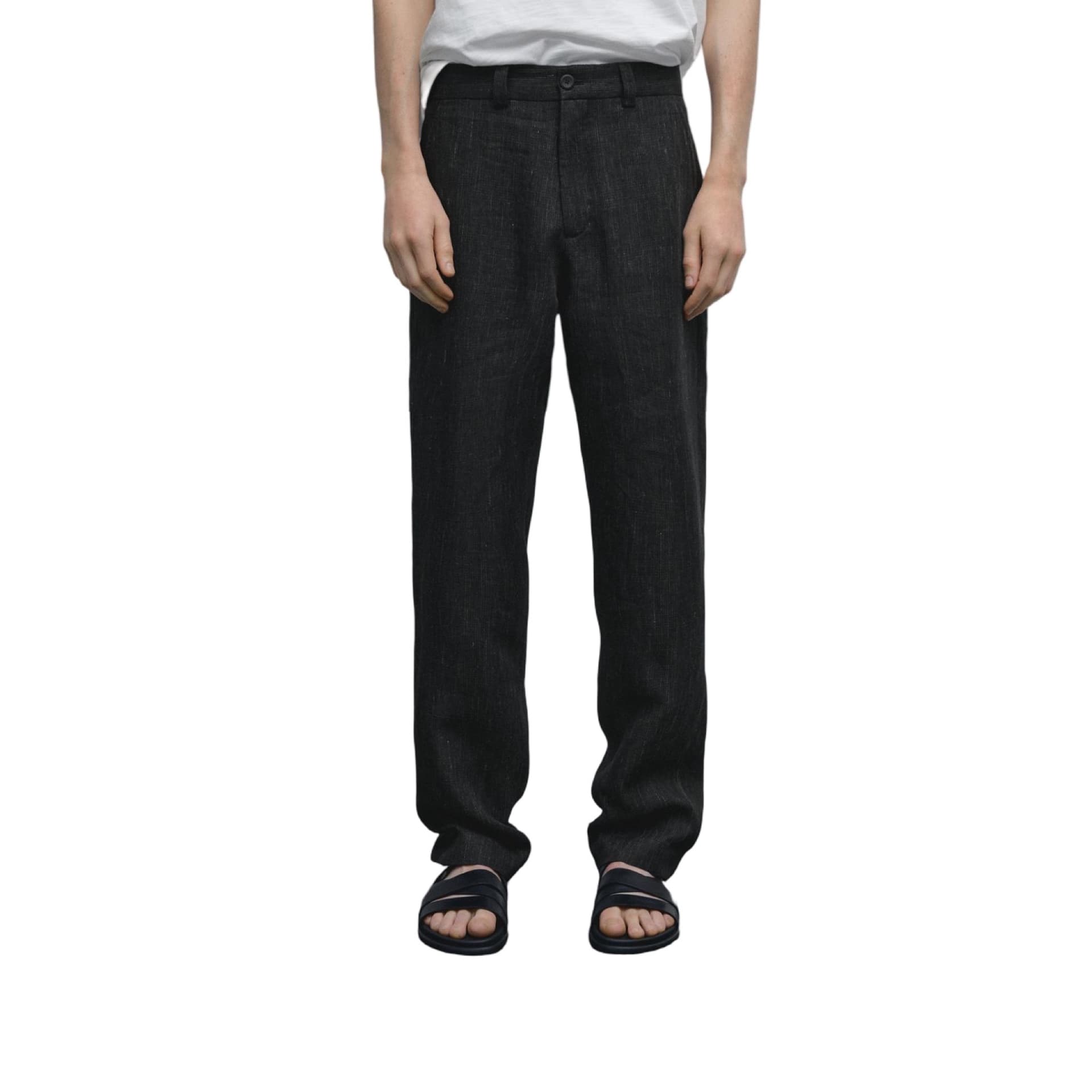 100% Linen Trousers With Check Detail