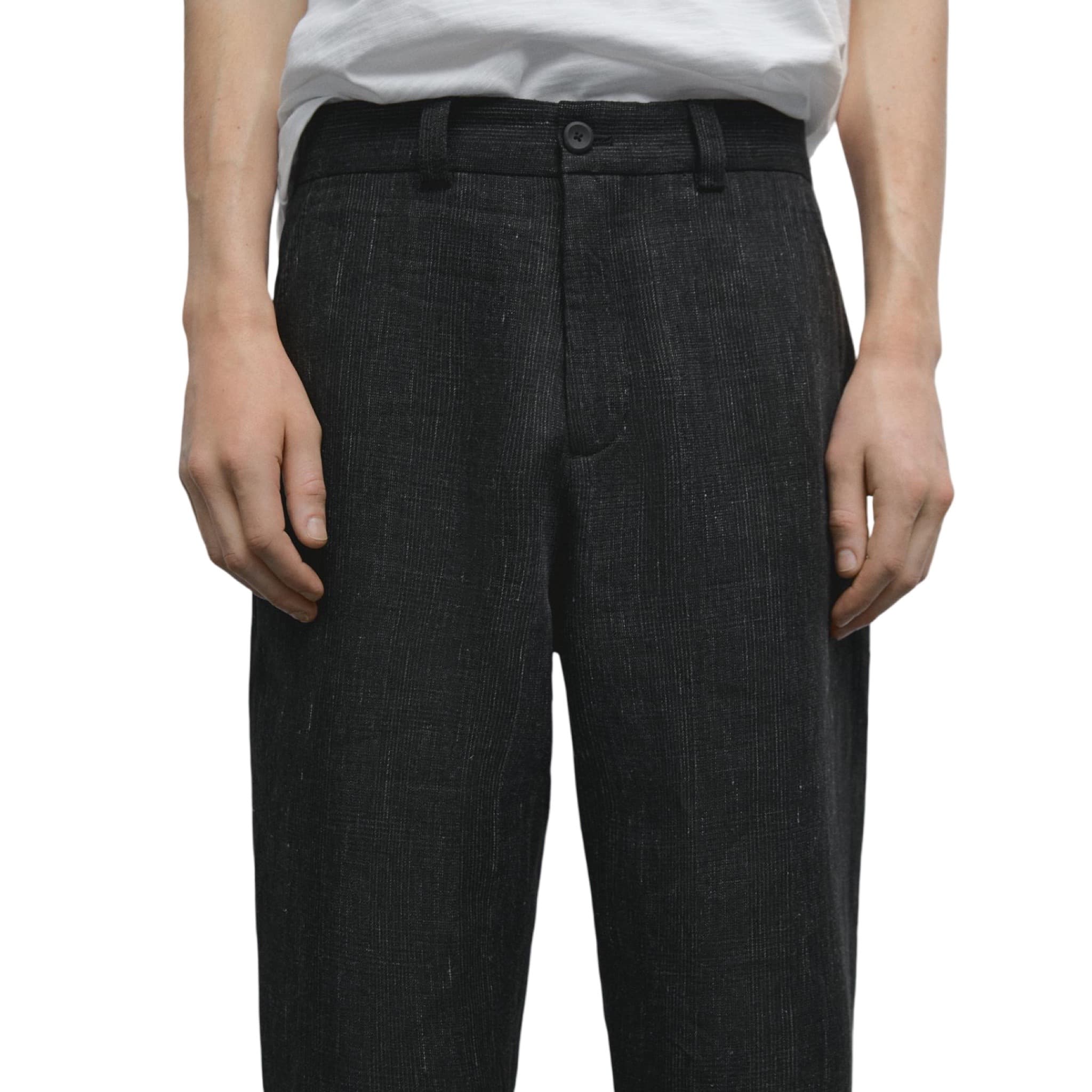 100% Linen Trousers With Check Detail