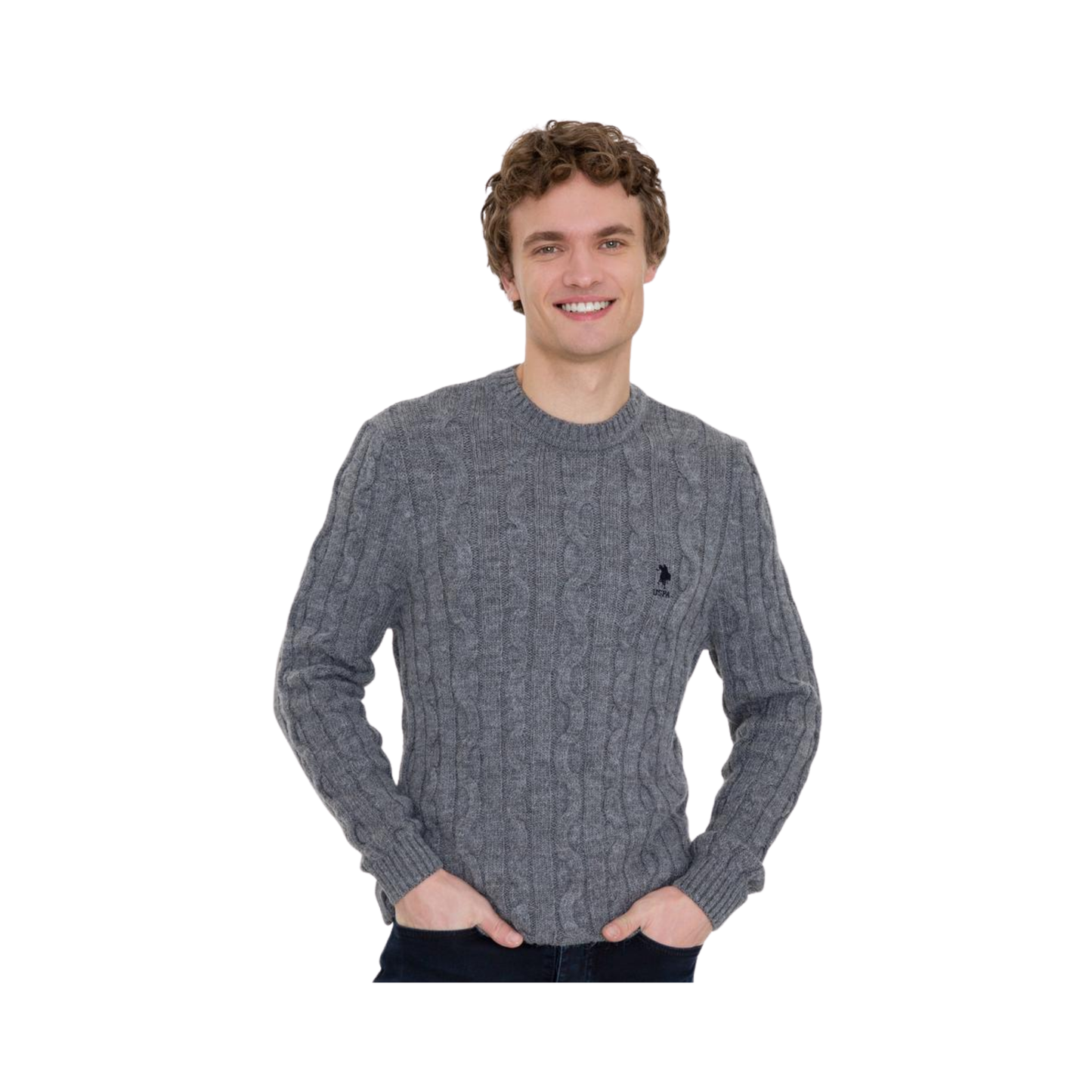 Grey Melange Cable-Knit Sweater